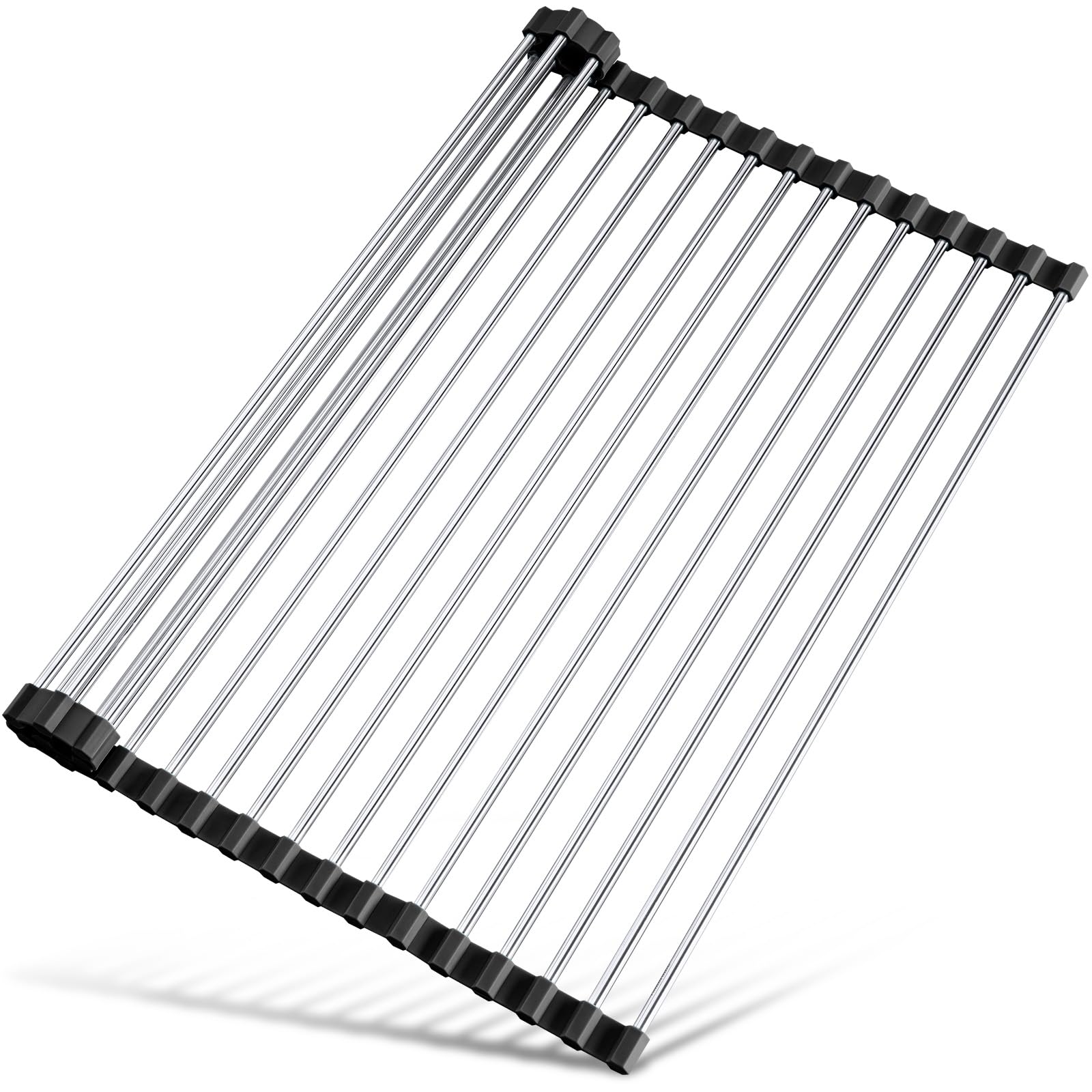 Tomorotec 17.7" x 15.5" Roll Up Dish Drying Rack Over Sink Drying Rack Sink Cover Kitchen Sink Accessories Gadget Multipurpose Organizer Foldable Stainless Steel Drainer (Grey)